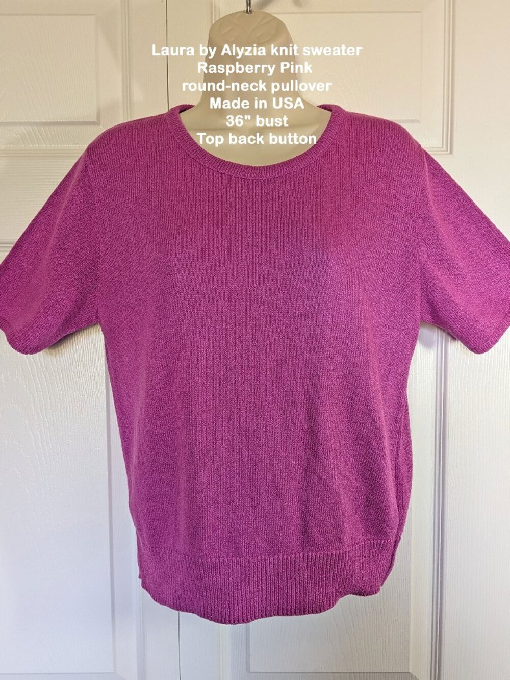 Laura by Alyzia knit sweater, Pink round-neck pullover, Short sleeve, 36" bust